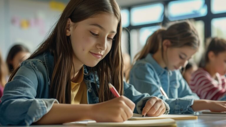 A girl is writing in a notebook in a classroom